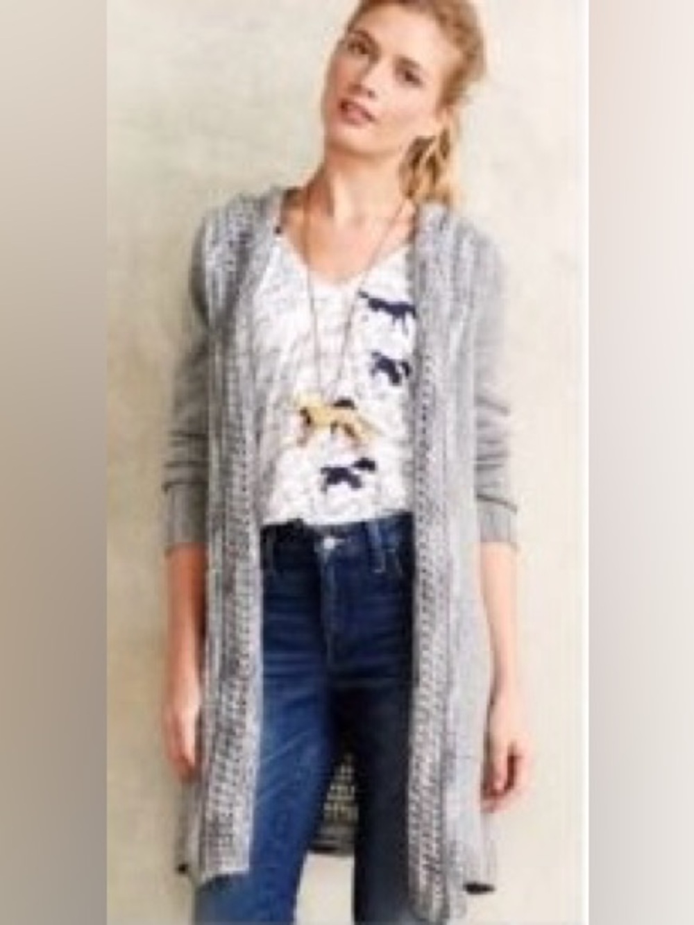 PRE-OWNED SIZE L Angel Of The North Light Gray Open-Front Knit Duster Cardigan